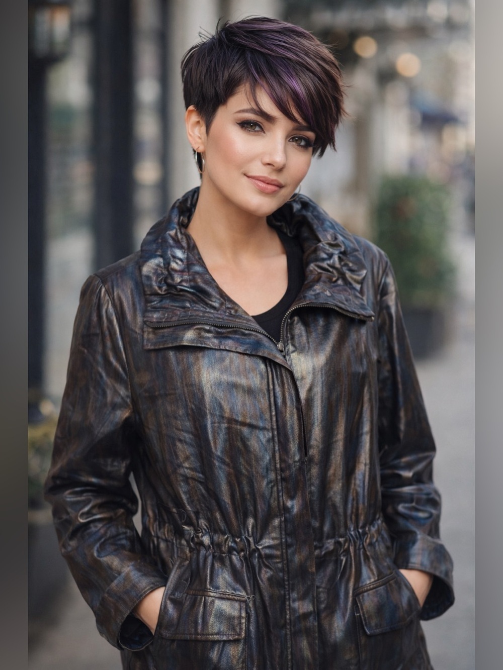 Erin London Metallic Iridescent Jacket M Shiny Bronze Blue Zip Front Drawstring